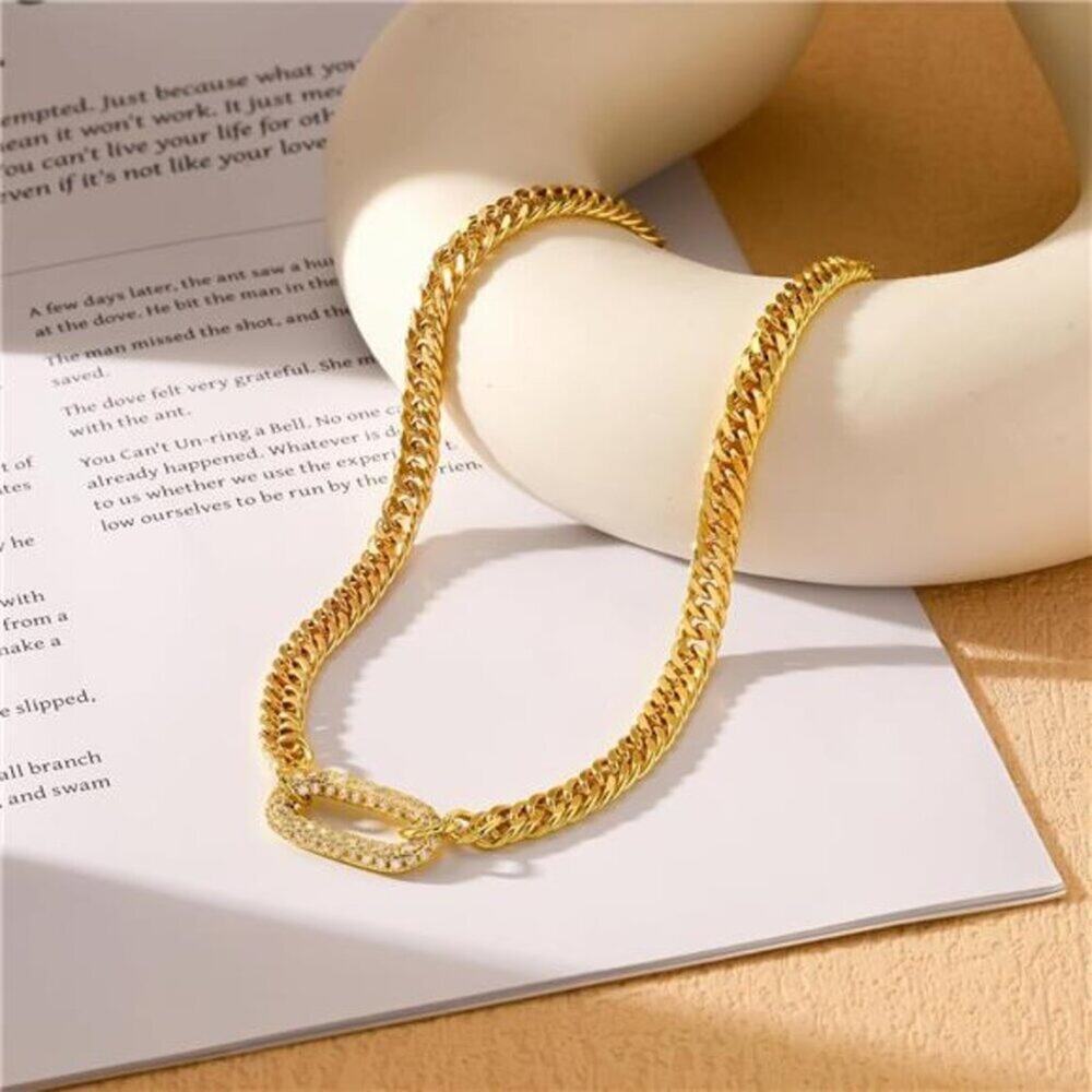 Gold Necklace for Women, 14K Gold Plated Chunky Cuban Link Chain Herringbone